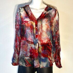 Casual Studio SZ M Navy /red abstract sheer button front blouse artsy graphic